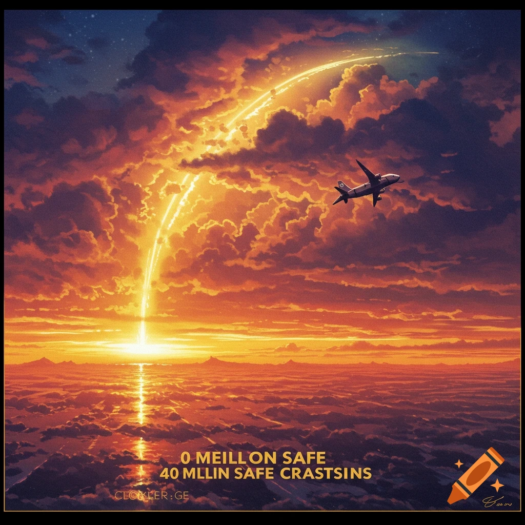 Airplane flying through dramatic orange clouds at sunset with a bright light trail rising from the horizon, digital art.