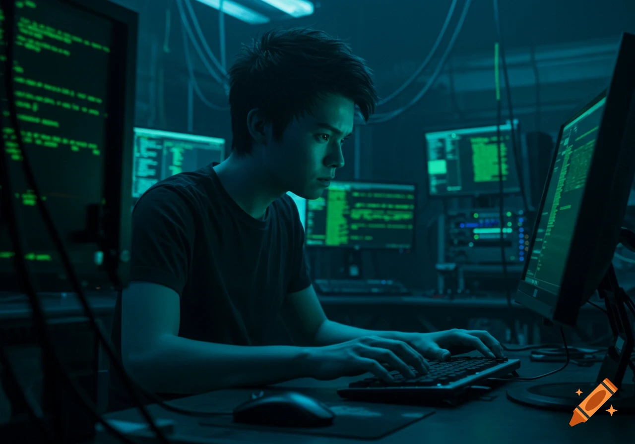 Young man coding or hacking on computer screens in a dark, high-tech room.