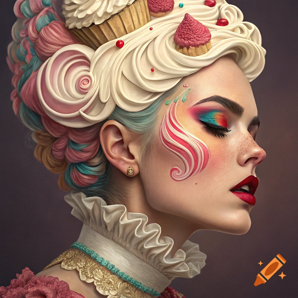Close-up portrait of a woman with elaborate whipped cream hair styled like a wig, decorated with cupcakes and berries, wearing dramatic colorful makeup and a ruffled collar.
