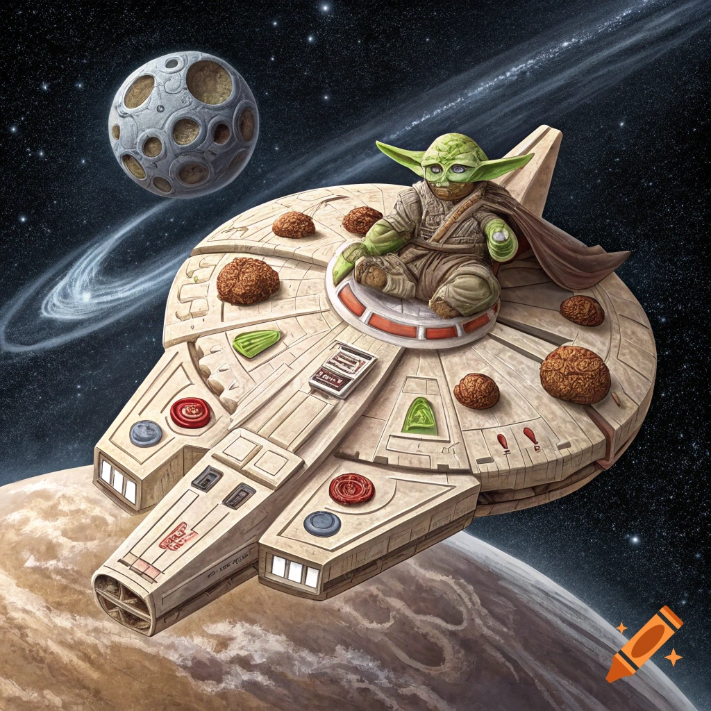 Yoda sits on a large cookie shaped like the Millennium Falcon flying through space past planets and a moon.
