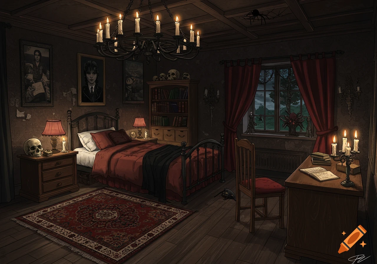 A dark, gothic bedroom interior with a red bed, skull decor, bookshelf, desk, and candlelight.