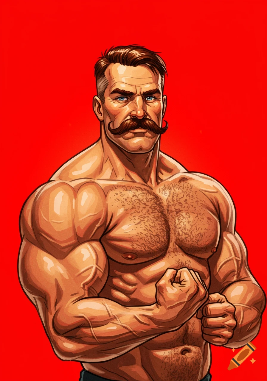 Illustration of a muscular man with a large mustache against a red background.