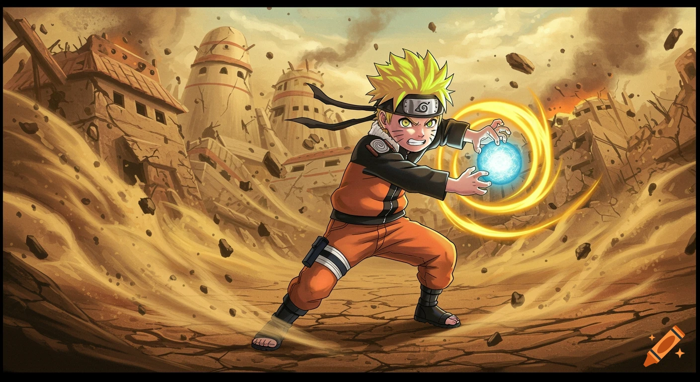 Young anime character (Naruto) creates an energy ball in a ruined sandy village. Anime style.