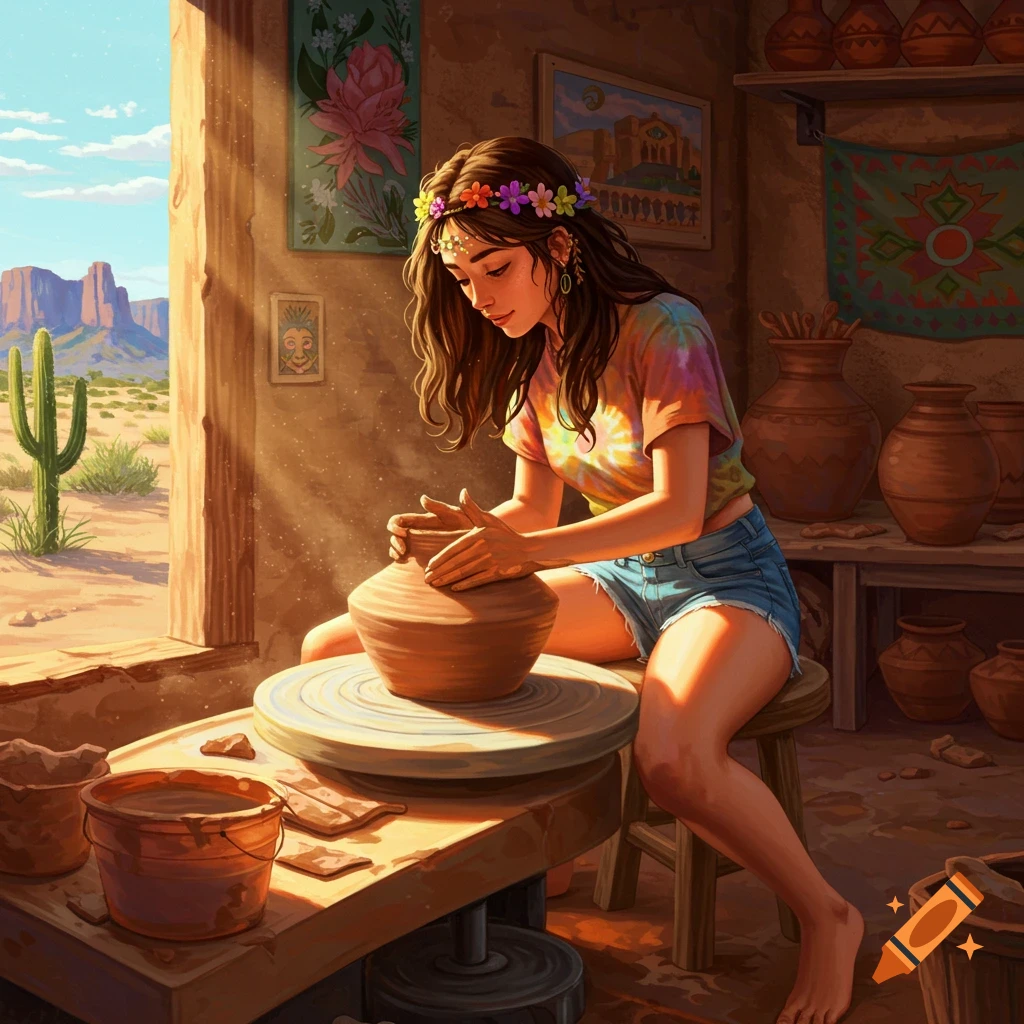 An illustration of a young woman making pottery in a room overlooking a desert landscape.