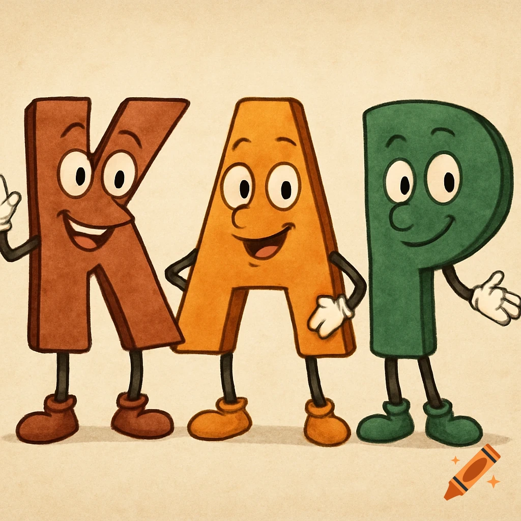 Animated cartoon letters K, A, and P with faces, arms, and legs.