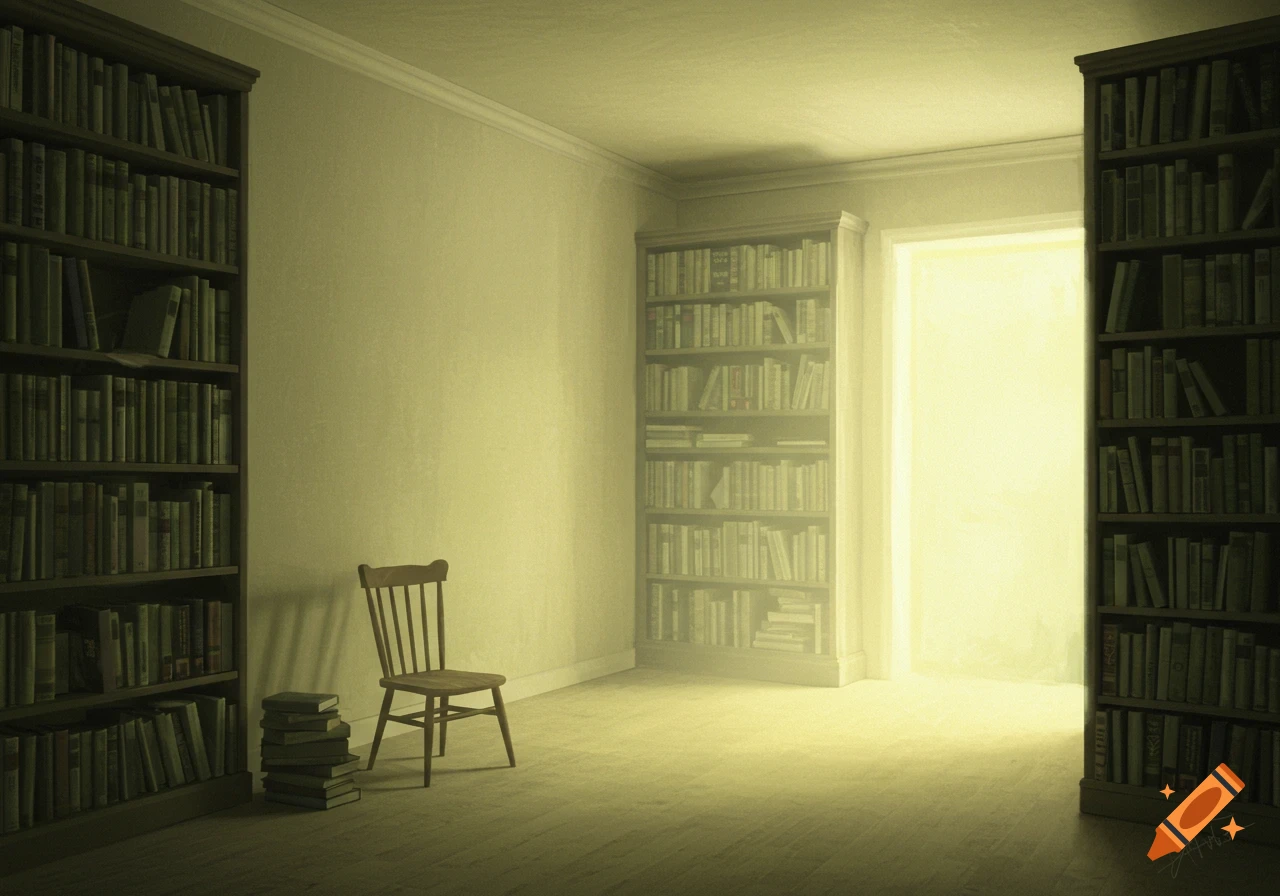 A dim, empty room with tall bookshelves lining the walls, a single chair, and bright light streaming from a doorway.