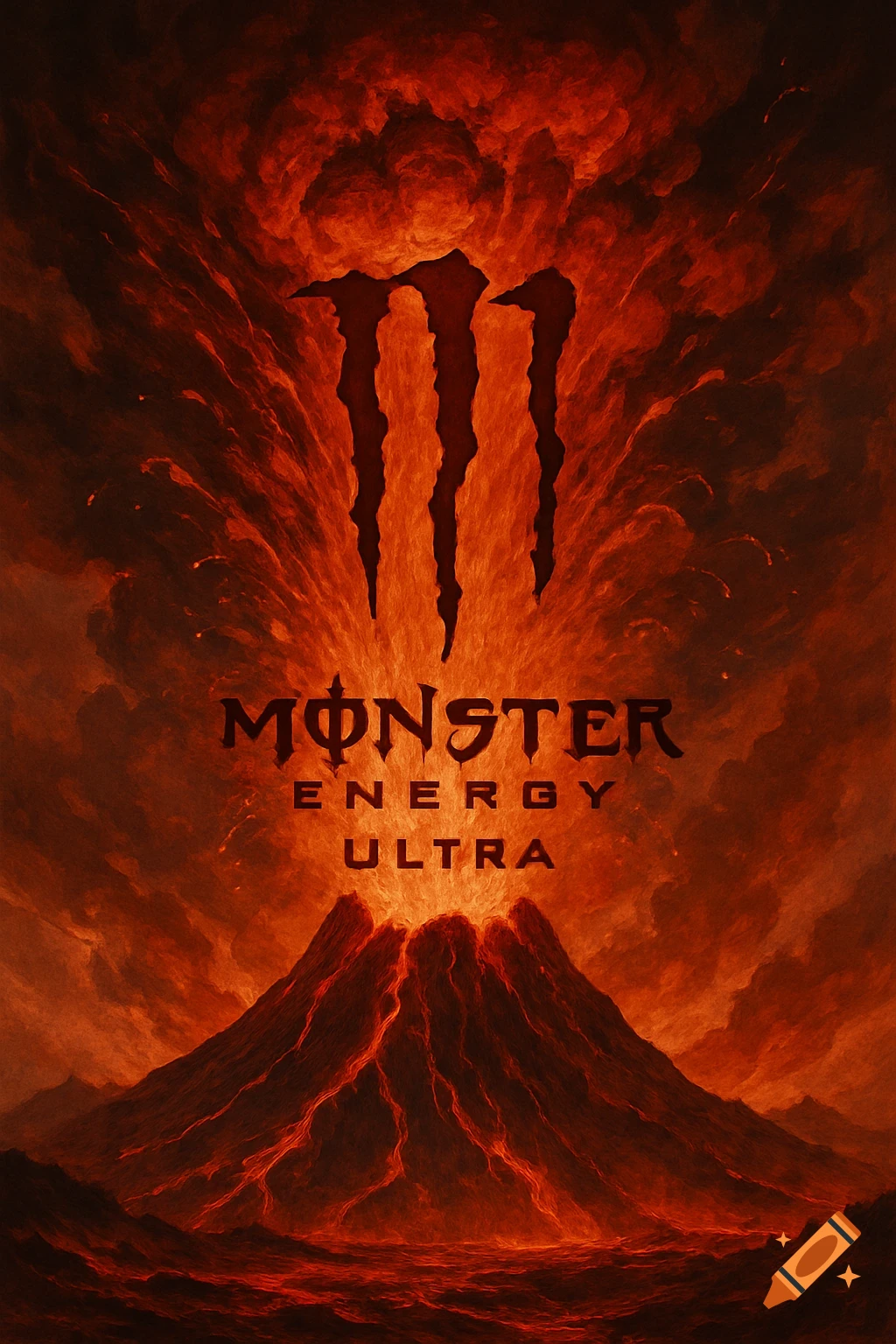Monster Energy logo above a volcanic explosion with lava and dark red smoke.