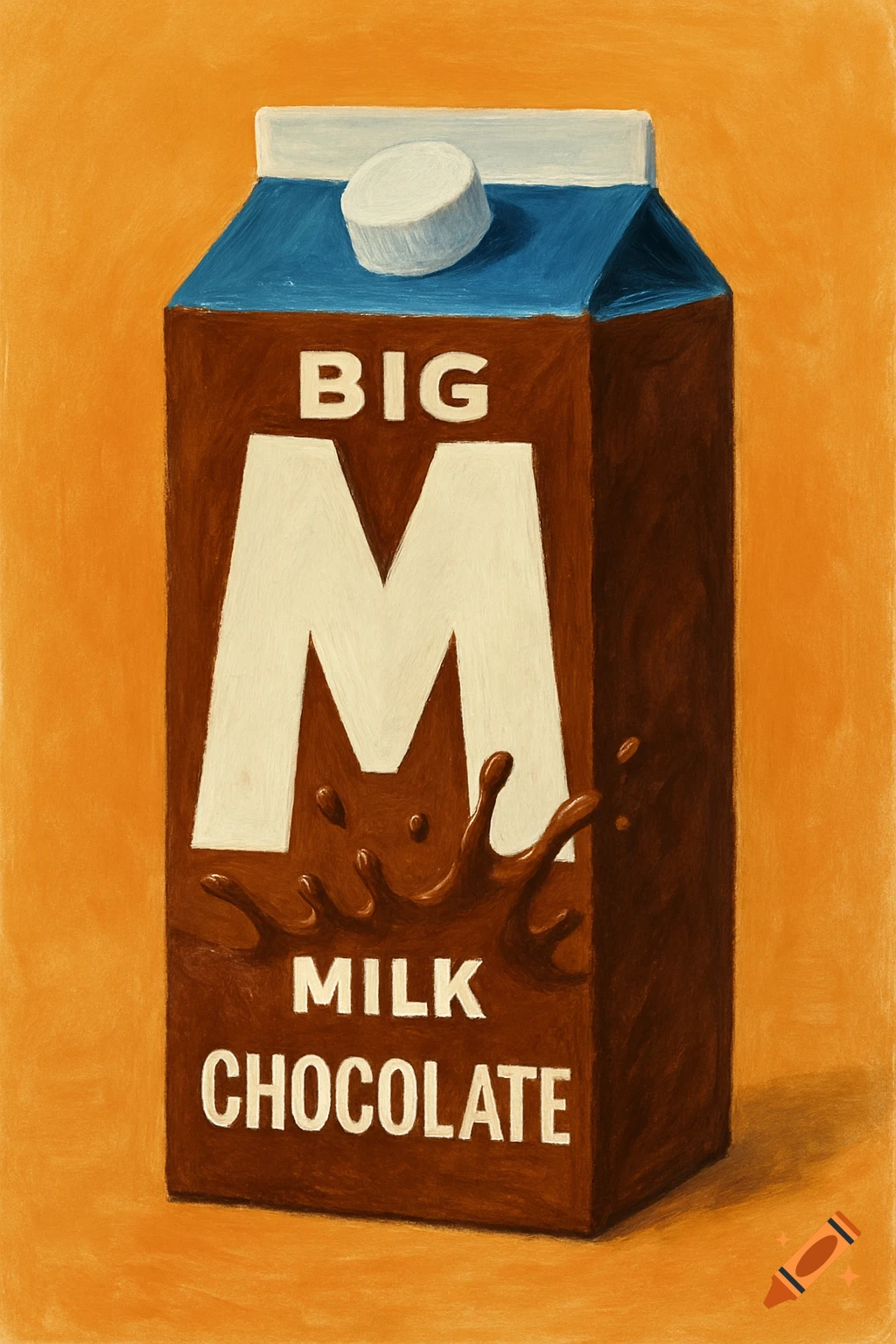 A stylized painting of a chocolate milk carton with 'BIG M MILK CHOCOLATE' text.
