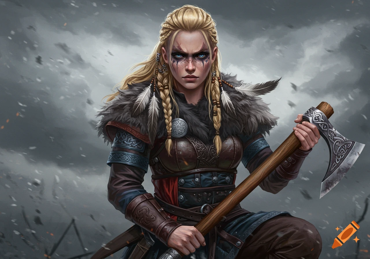 Illustration of a blonde female viking warrior holding an axe