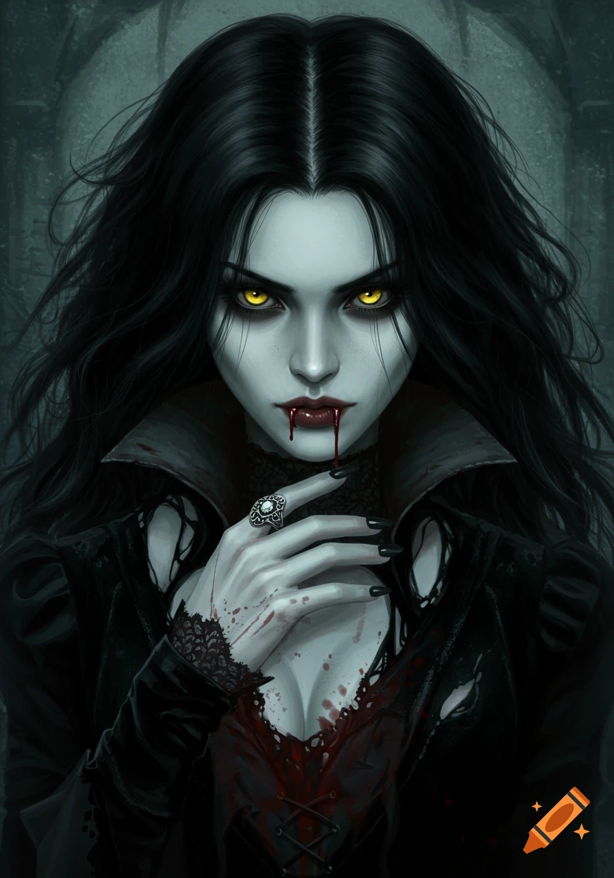 Digital painting of a pale vampire with yellow eyes, blood, long black hair, and a torn dress.