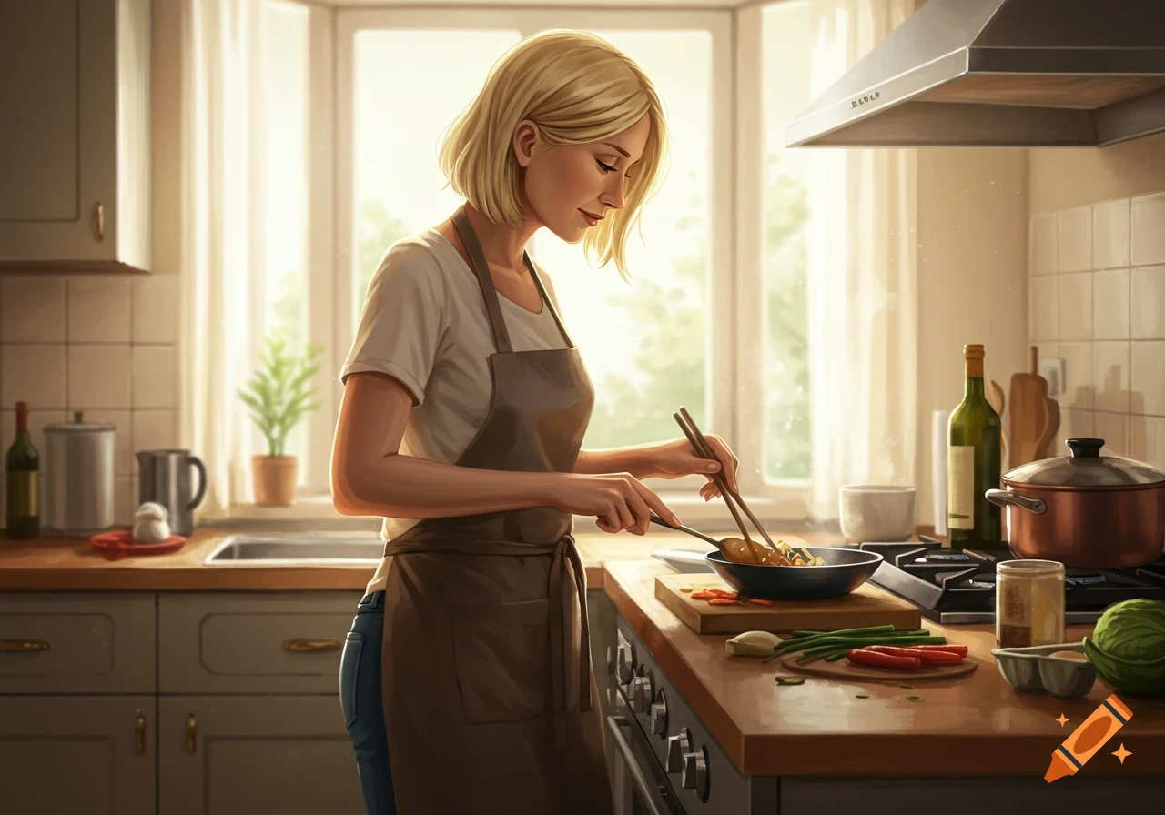 A blonde woman in an apron uses chopsticks to cook in a sunny kitchen.