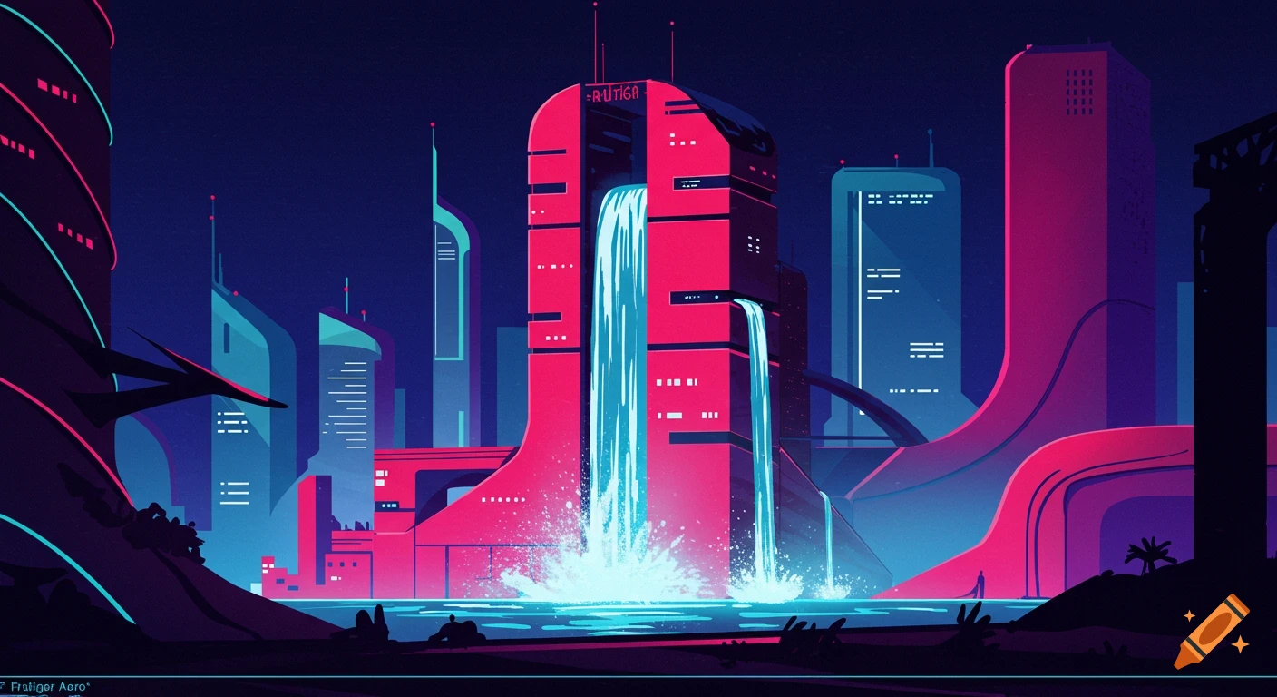 Stylized futuristic city skyline with a tall building featuring a large waterfall. Vibrant neon pink and blue colors.