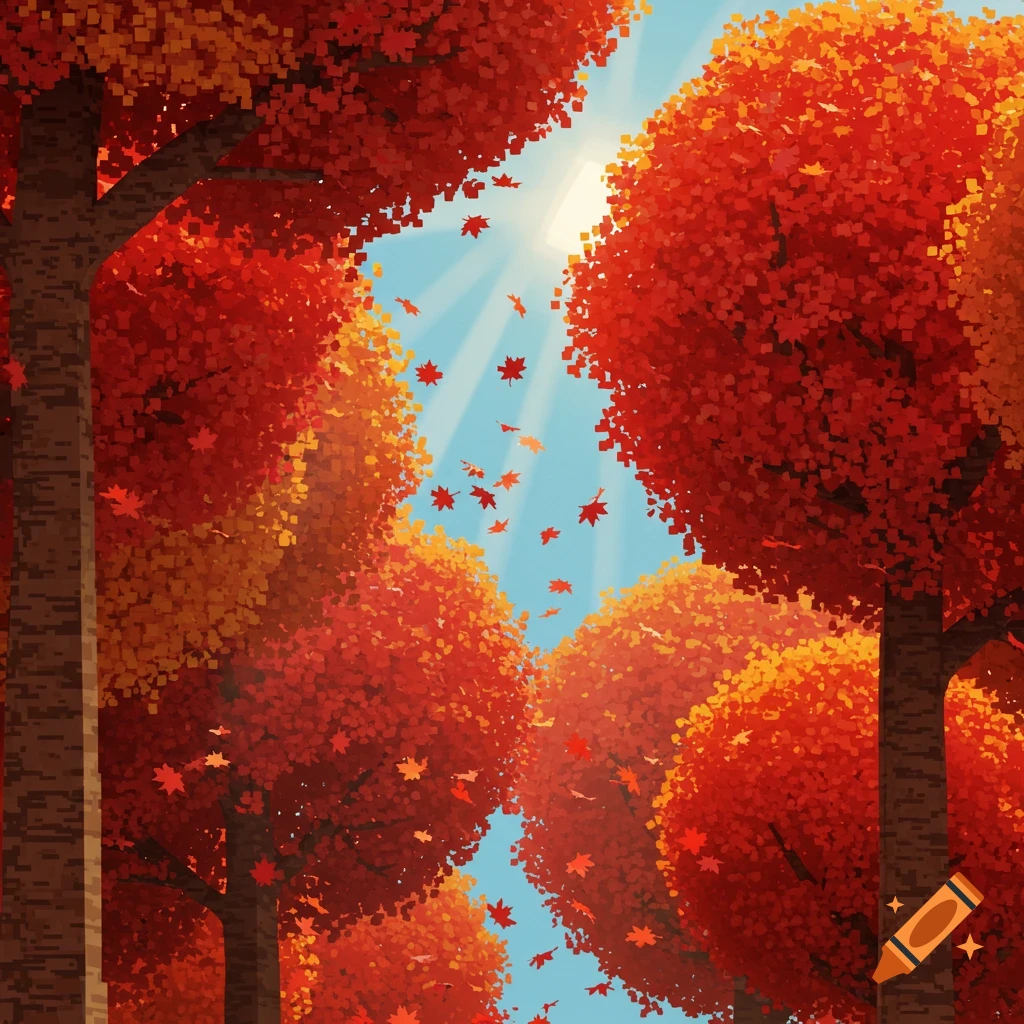 Pixelated autumn trees with red and orange leaves under a sunny sky.