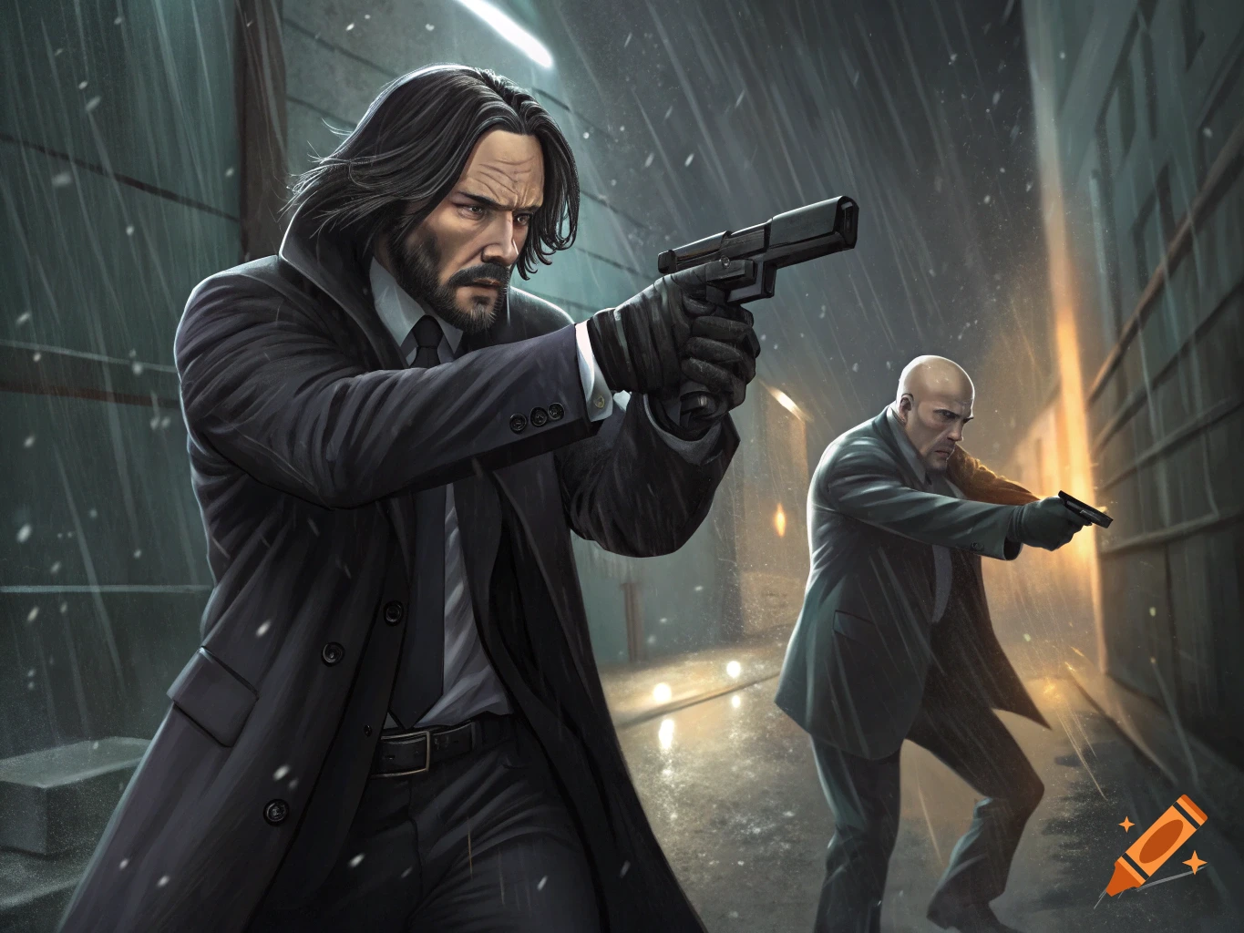 Two men resembling John Wick and Agent 47 aim pistols in the rain.