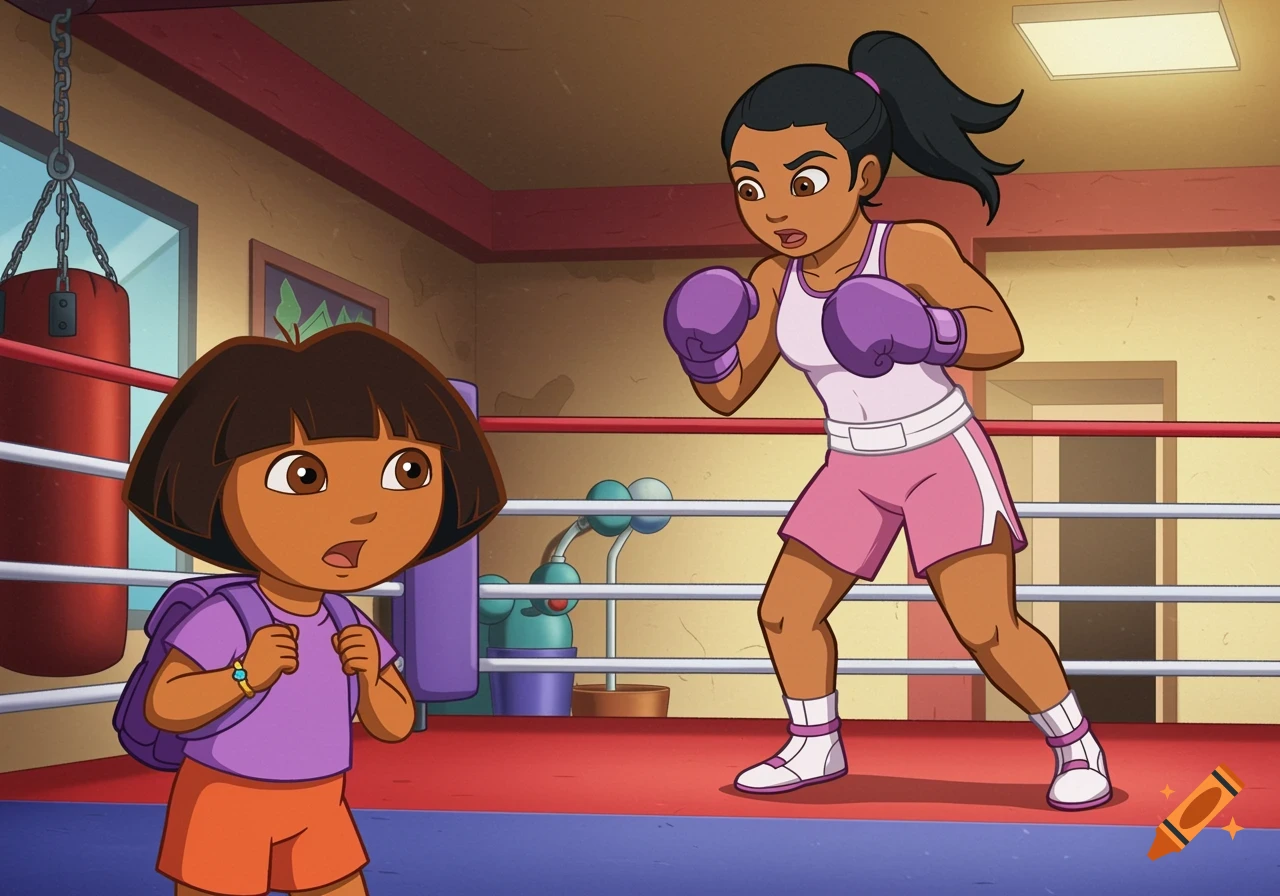 Cartoon of Dora the Explorer watching a female boxer in a gym