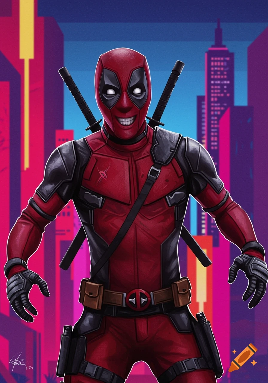 Illustration of Deadpool in his red and black suit standing in front of a stylized city