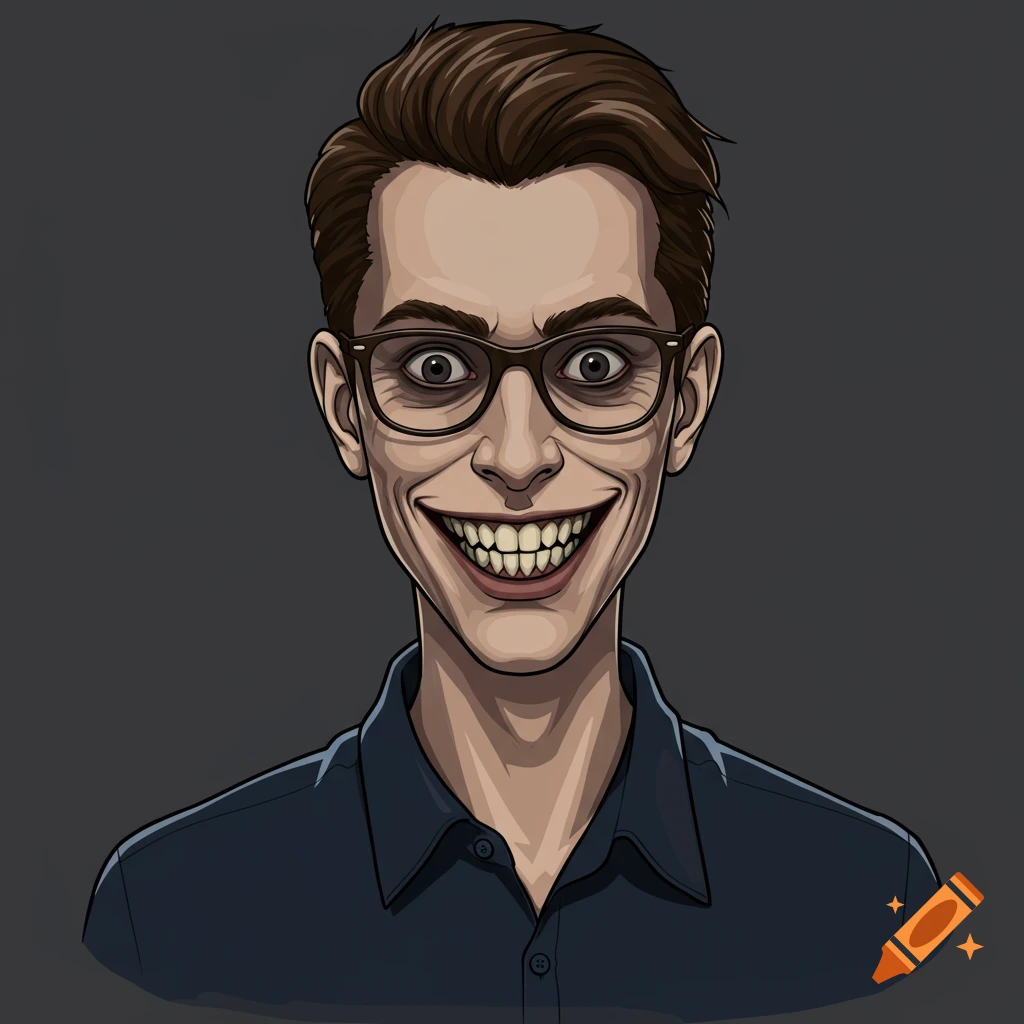 Illustration of a creepy man with glasses and a wide smile.