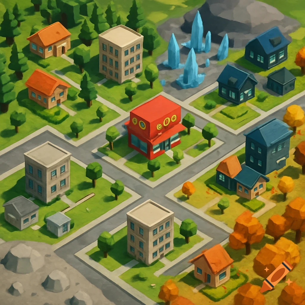 Isometric view of a stylized city map with buildings, trees, and different biomes.
