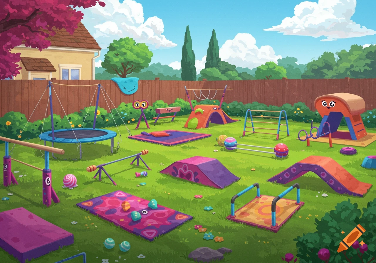 Cartoon illustration of a backyard with a trampoline, vault, bars, and other colorful gymnastics equipment.