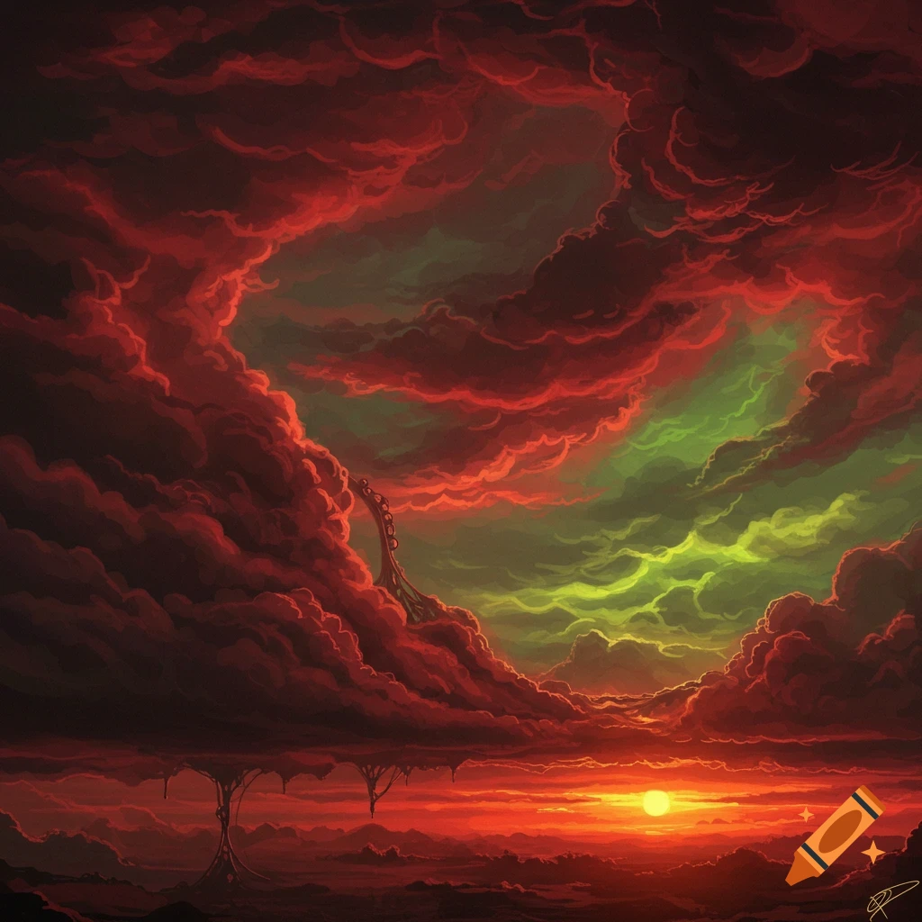 Dramatic red and green clouds fill the sky over a dark landscape with a bright sun setting.