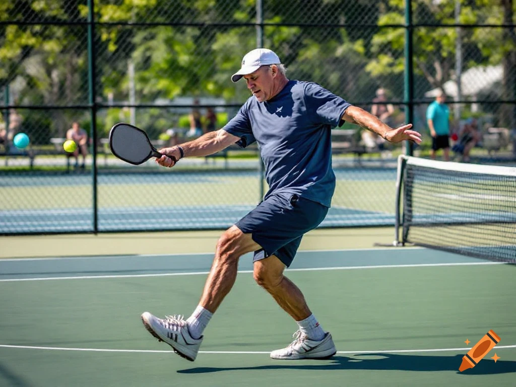 Man hits a shot while playing pickleball on a court.