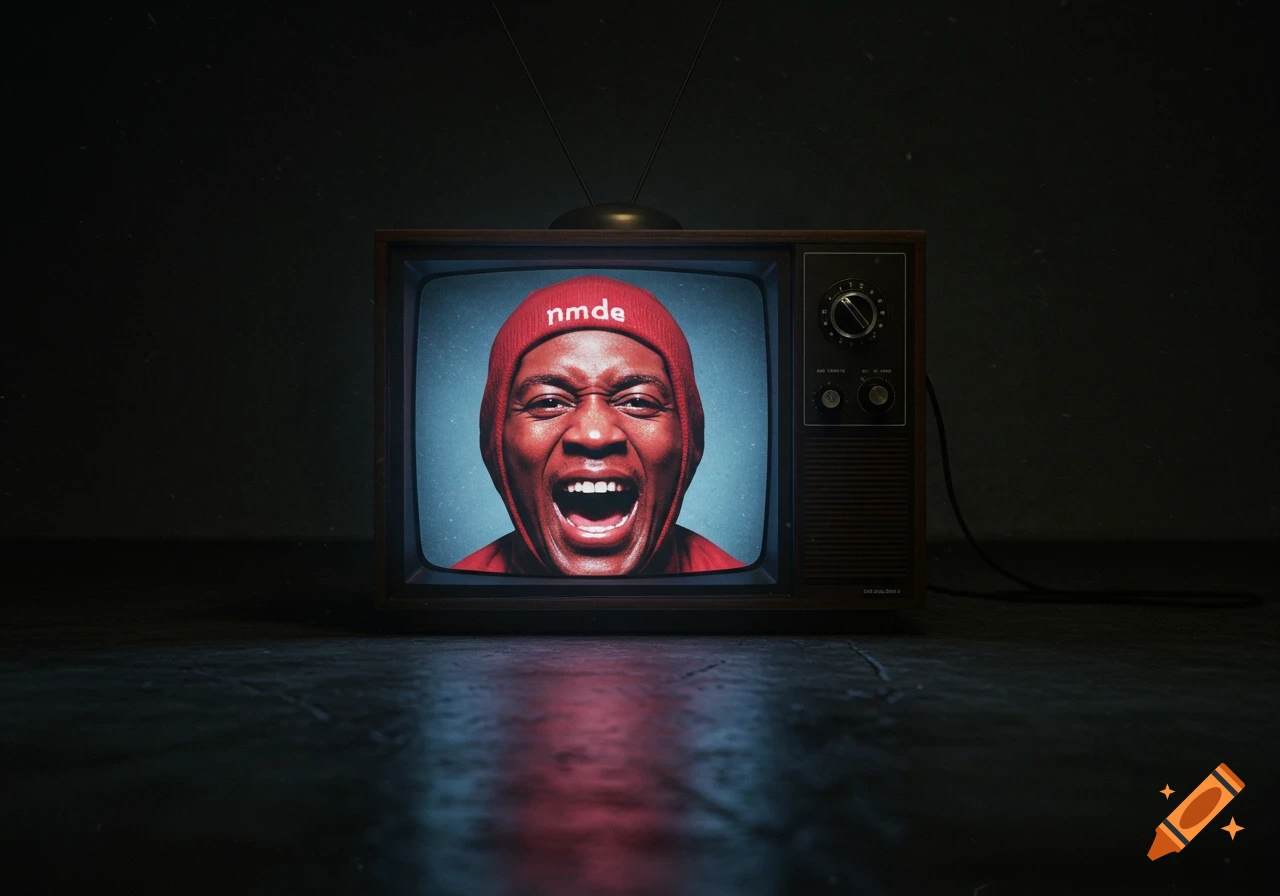 Analog television showing a screaming face on screen in a dark room
