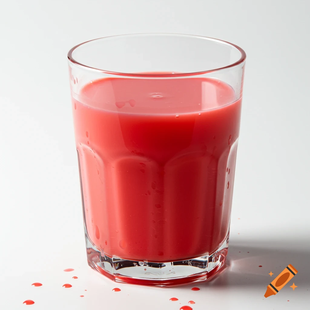 A clear glass filled with red liquid, with drops spilled around the base.