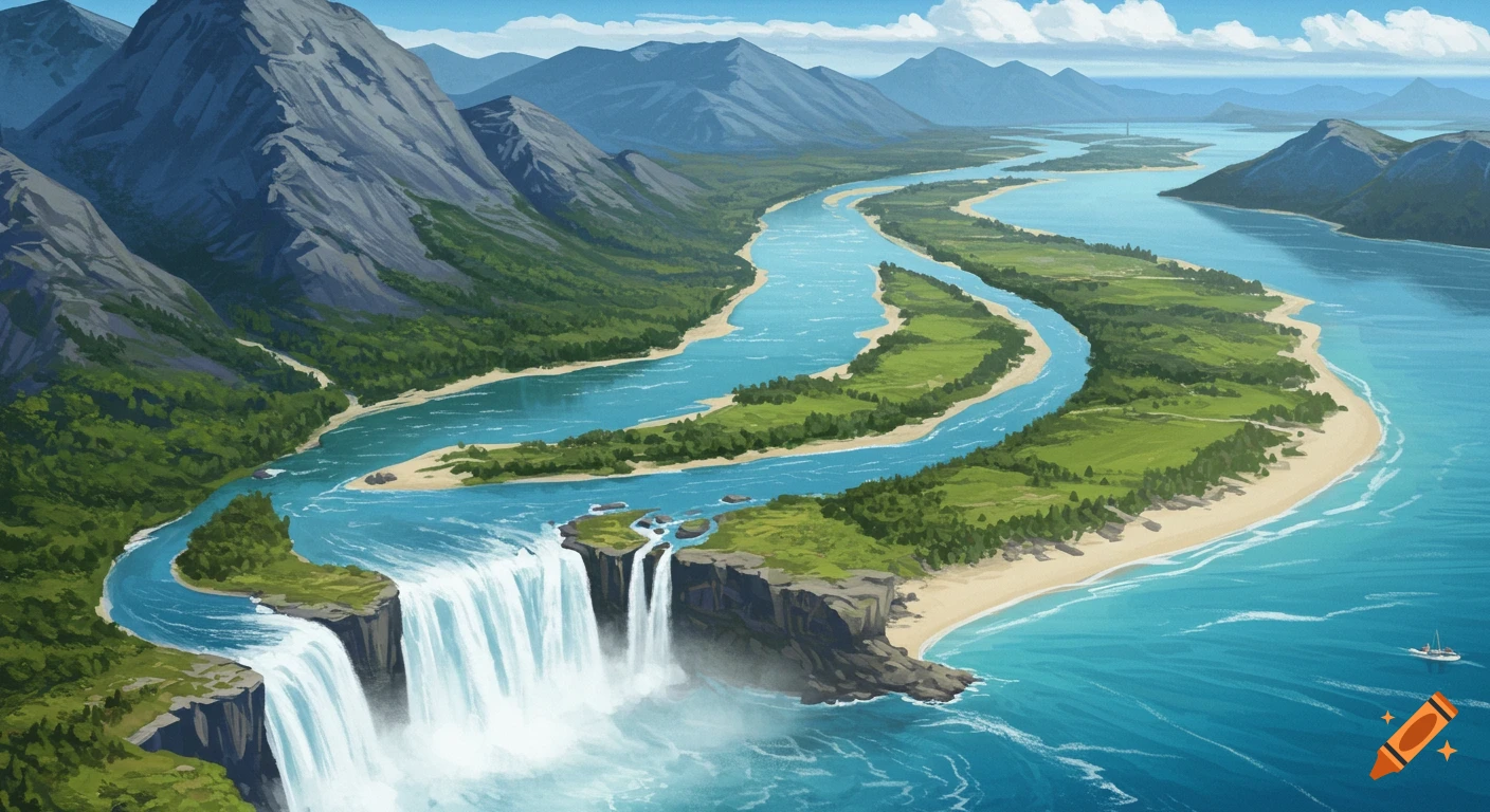 Aerial view illustration of a river flowing through mountains, over a waterfall, and into the sea.