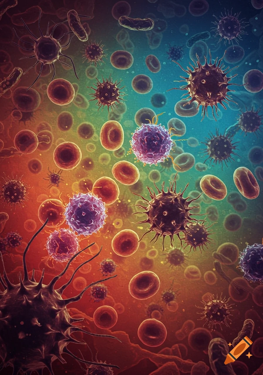Microscopic illustration of white blood cells and viruses among red blood cells