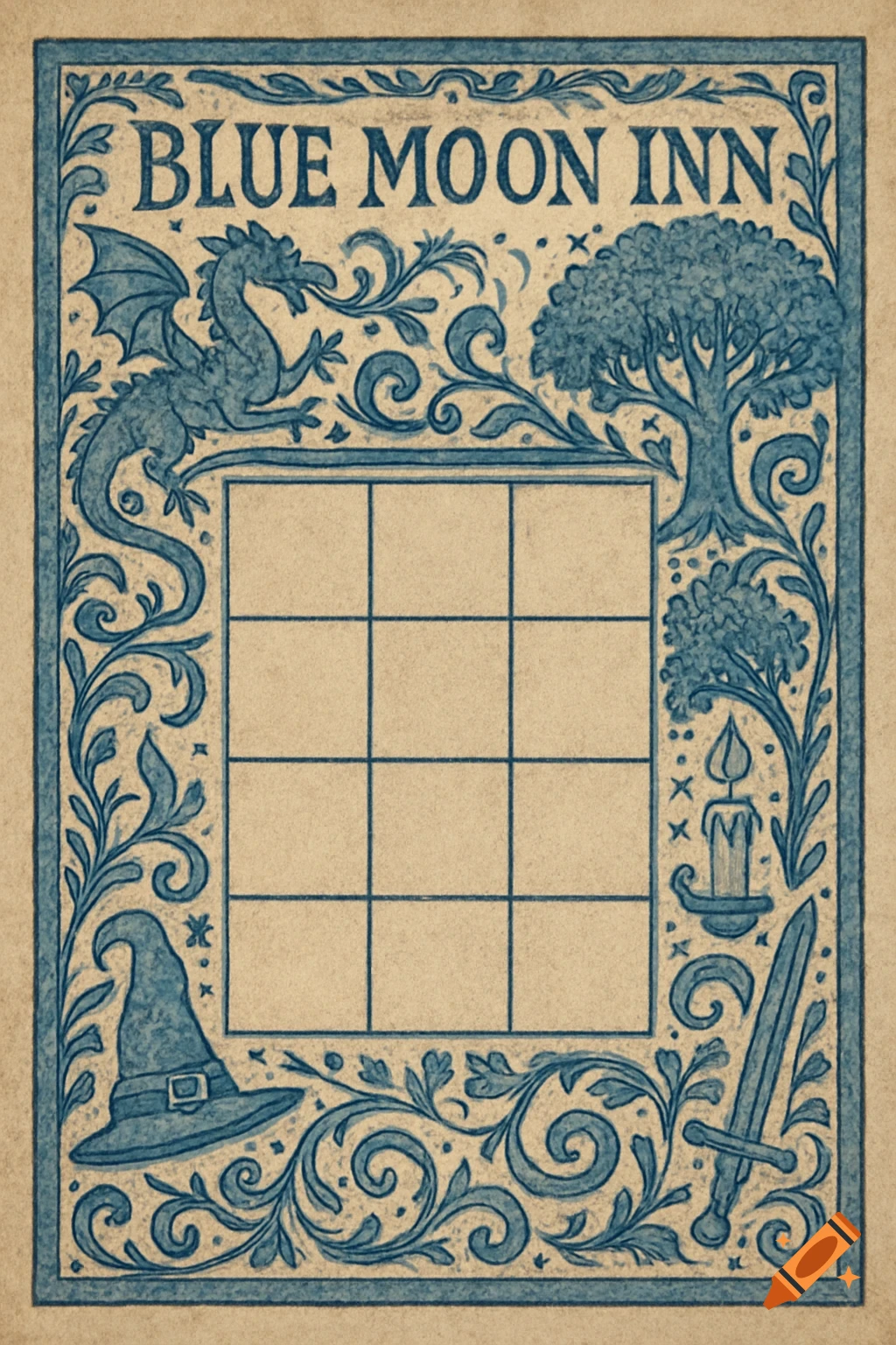 Medieval style illustration of a Blue Moon Inn bingo card with dragon, tree, and wizard hat border