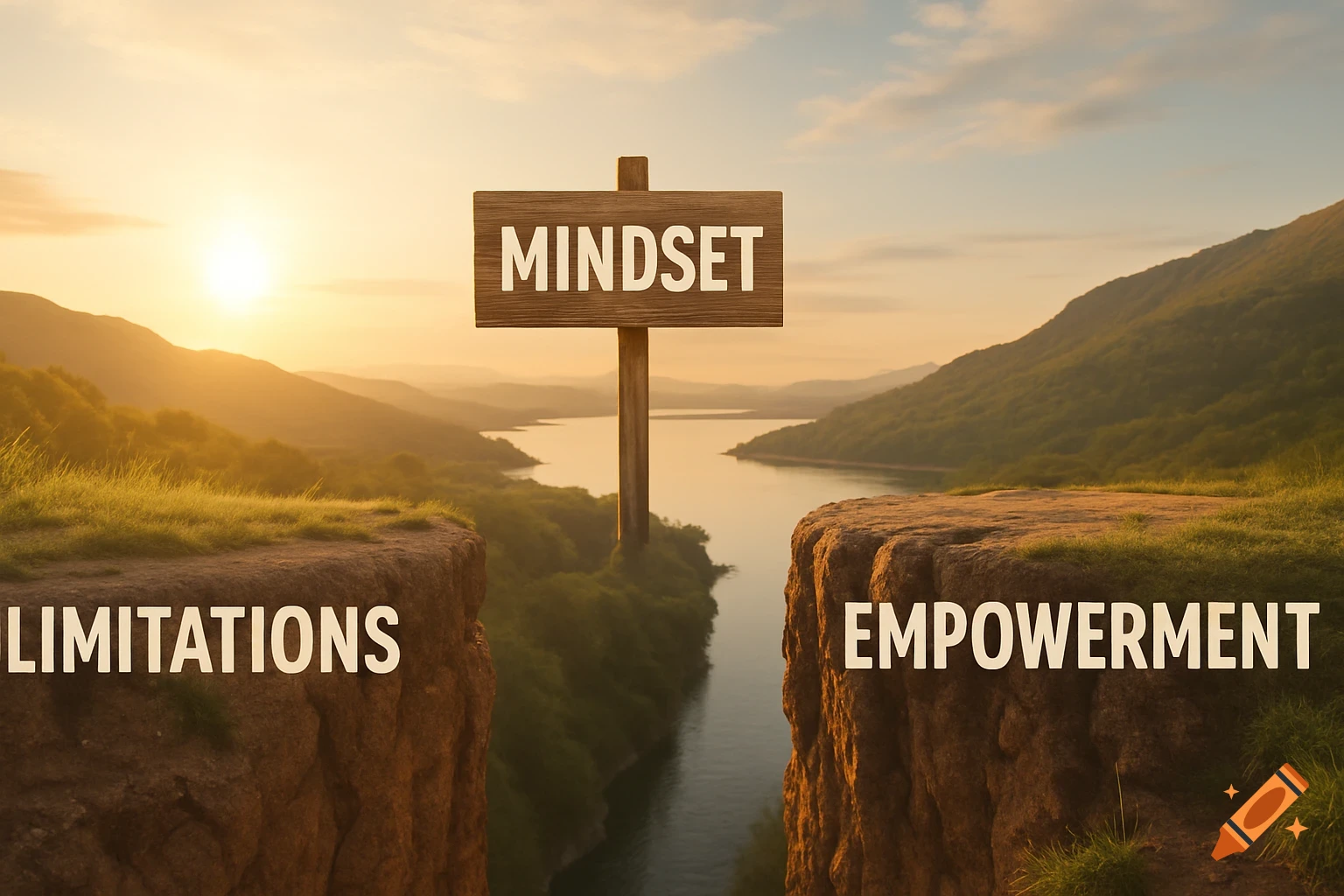 A motivational image with 'LIMITATIONS' on one cliff, 'EMPOWERMENT' on the other, and 'MINDSET' on a sign over a river.