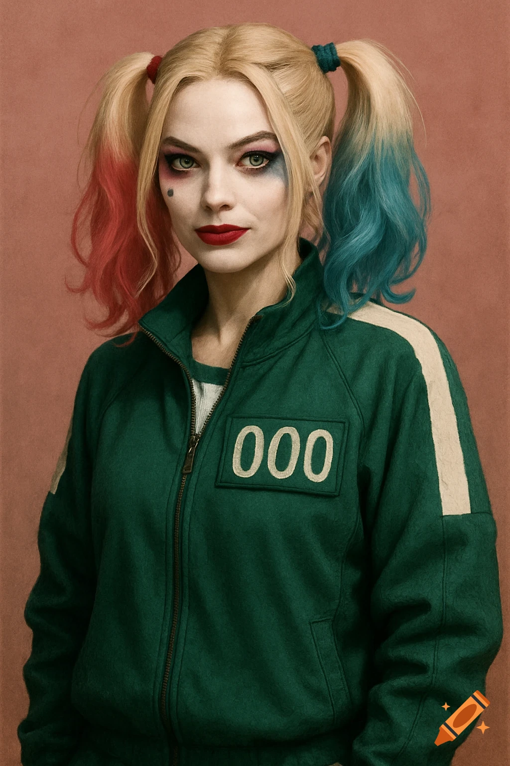 Portrait of Harley Quinn wearing a green Squid Game jacket with the number 000.