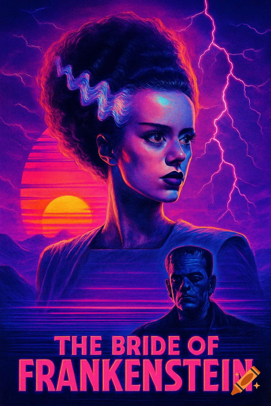 Stylized movie poster for The Bride of Frankenstein in synthwave style with lightning and sunset.