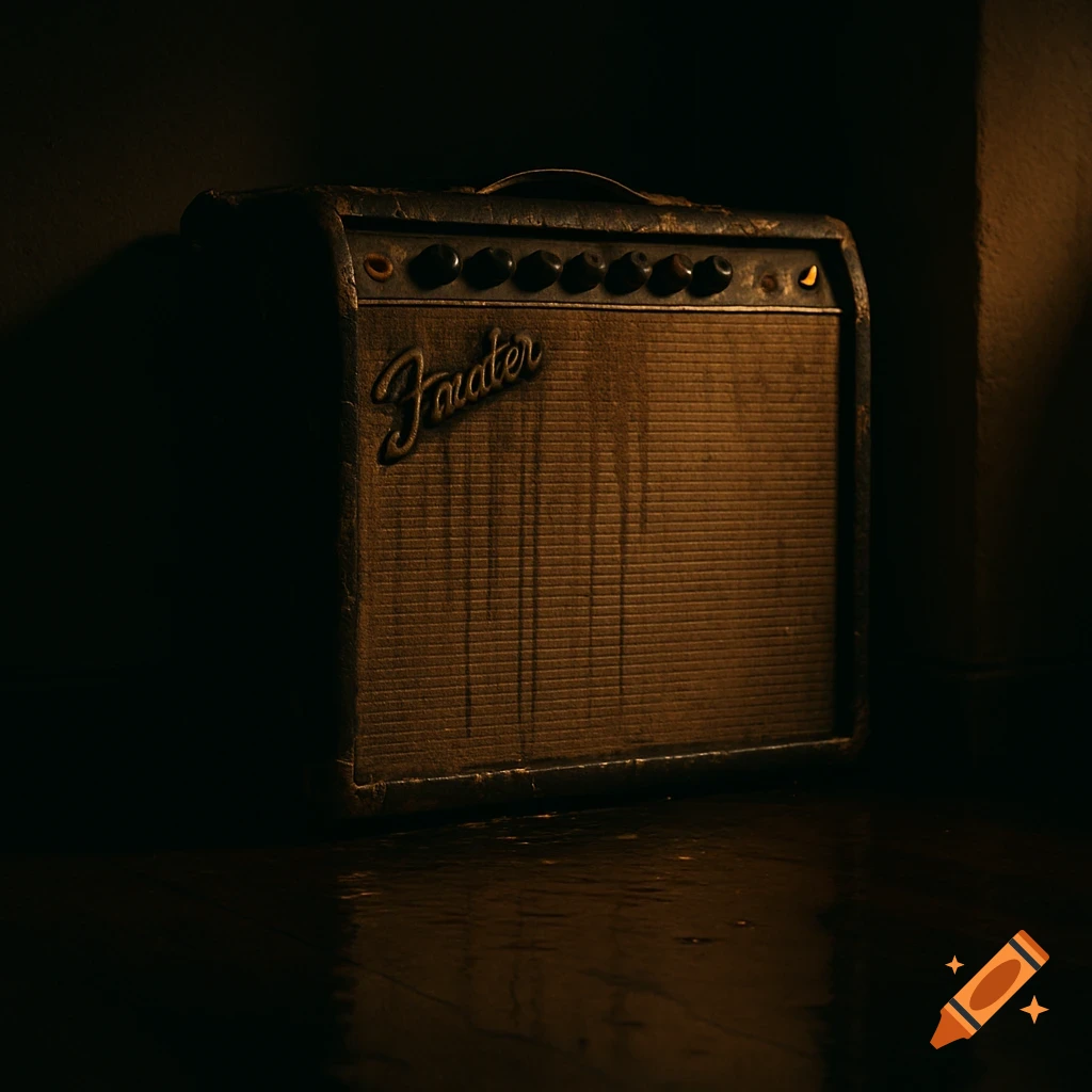 An old Fender guitar amp with water trails on the grill sits in dark cinematic lighting with a pool of water on the floor.