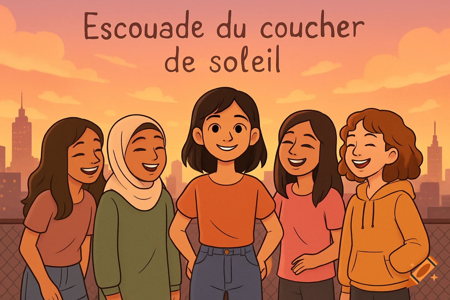 Five cartoon teenage girls on rooftop at sunset. Text above reads "Escouade du coucher de soleil".