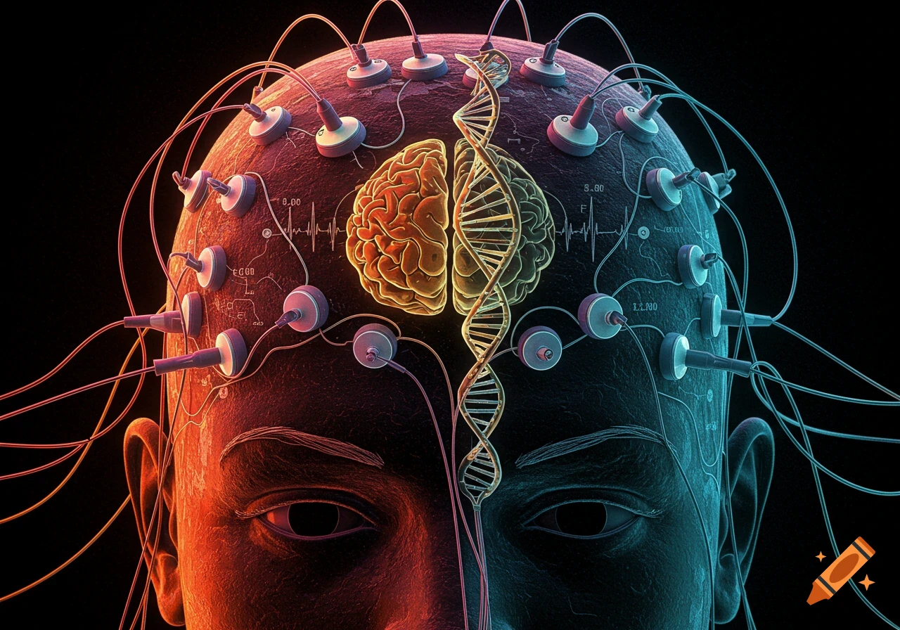 Human head with electrodes, showing brain and DNA helix