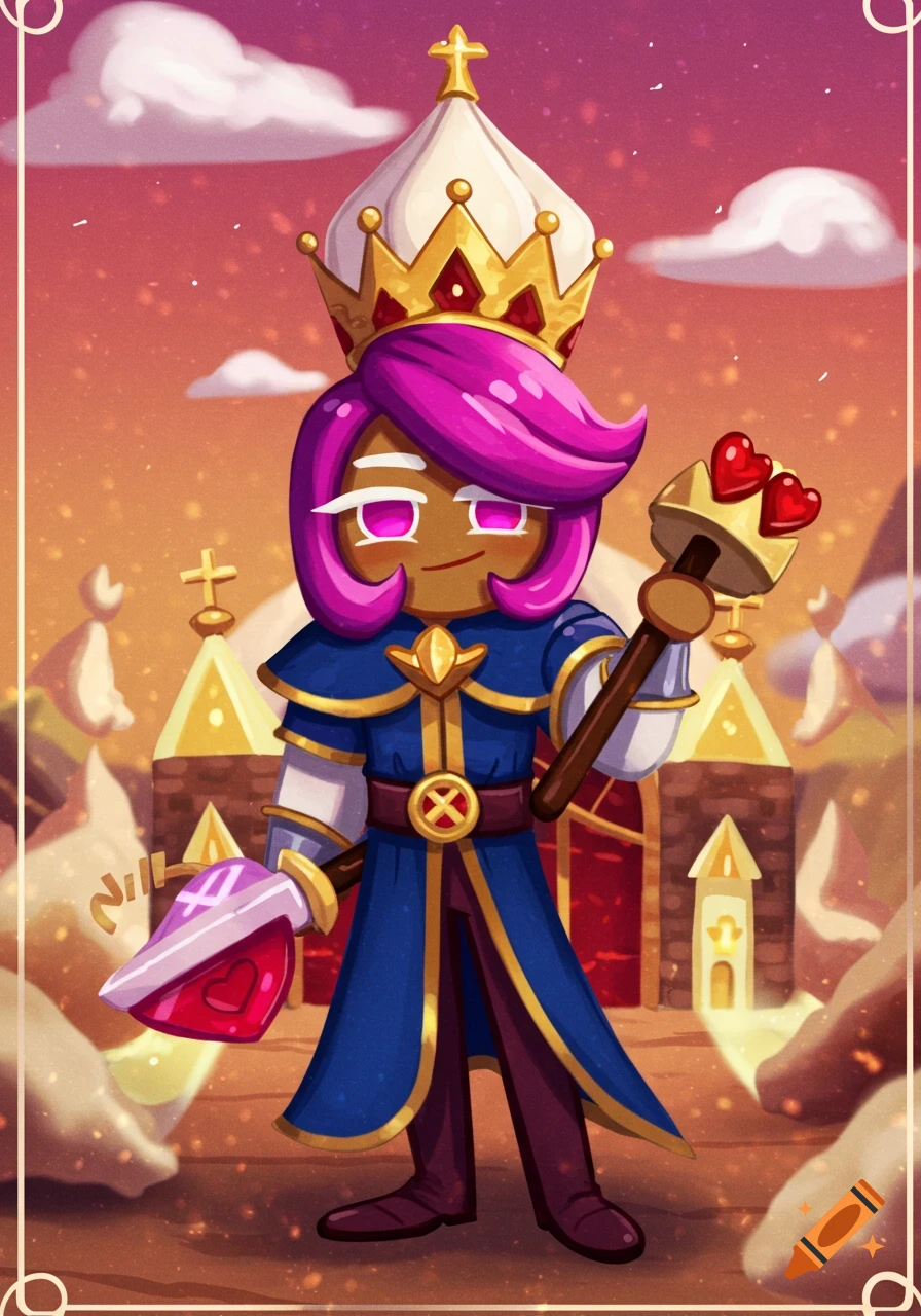 Cartoon cookie character with purple hair wearing a crown and blue robe, holding a staff and potion bottle, against a fantasy background with buildings.