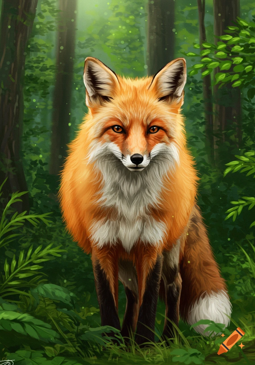 A digital painting of a red fox standing in a lush green forest.