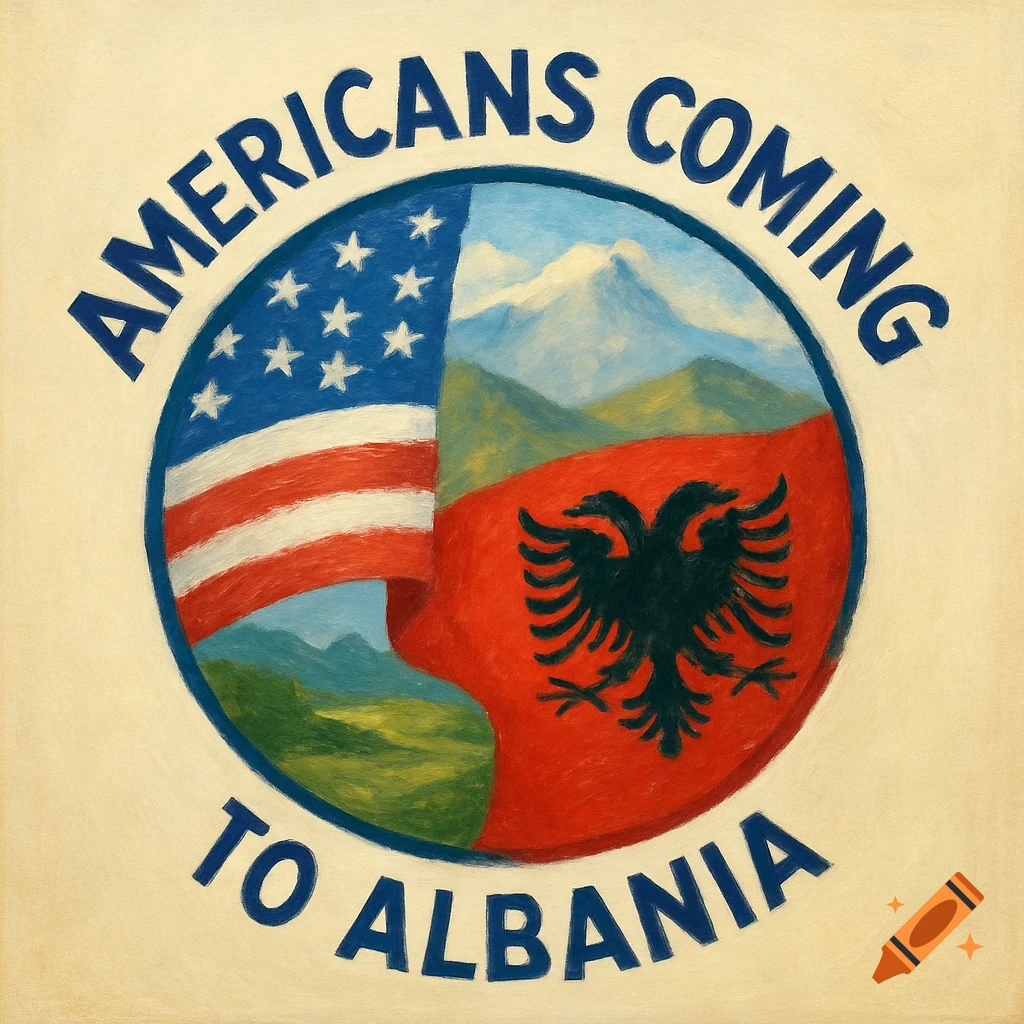 Painterly logo with US and Albanian flags, mountains, and text 'AMERICANS COMING TO ALBANIA'.