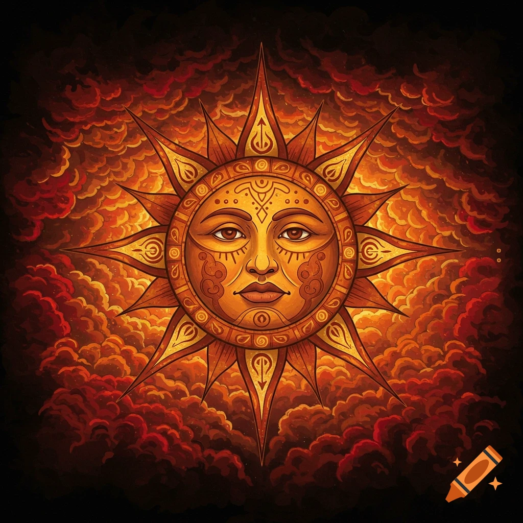 A stylized depiction of the sun with a face, surrounded by warm-colored clouds in a folk art style.