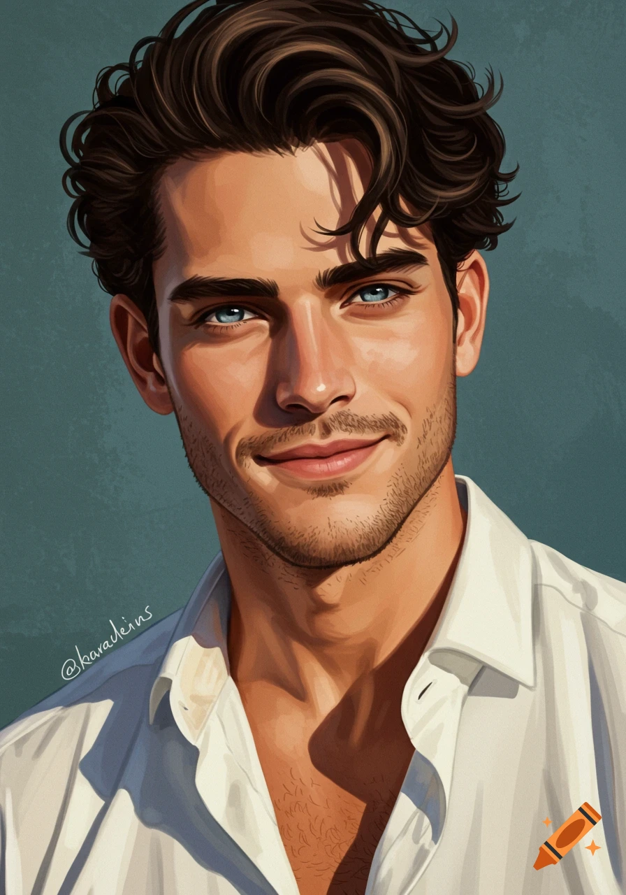 Portrait of a handsome young man with brown hair and blue eyes, wearing a white shirt, digital painting style.
