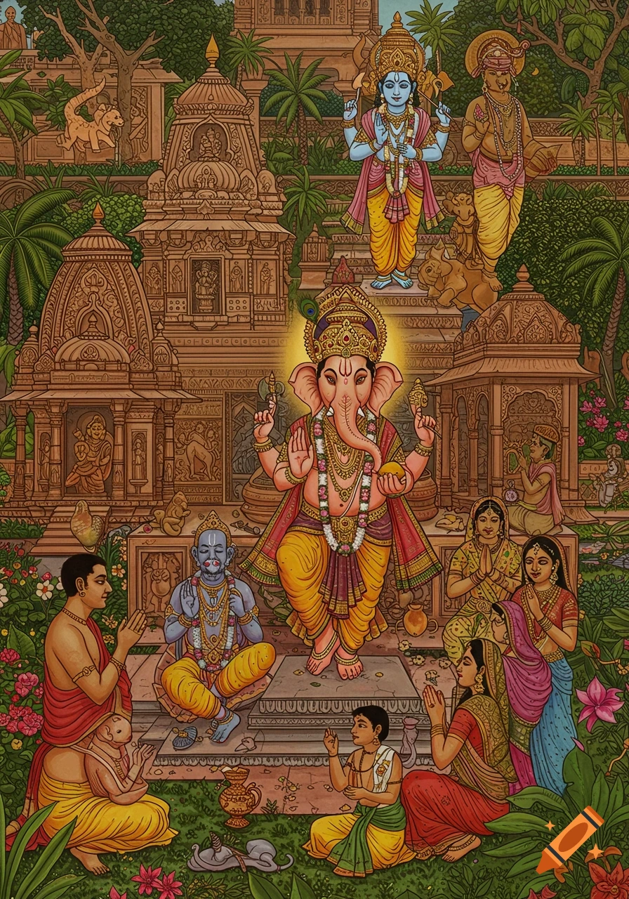 Hindu deities and devotees gathered before Ganesha in a lush temple garden, illustrative style.