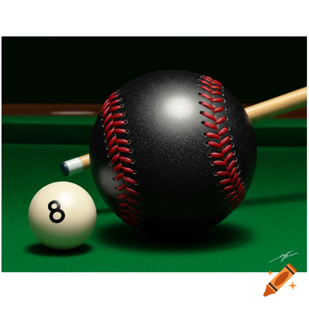 A black baseball with red stitching rests on a green pool table next to a white 8-ball and a pool cue.