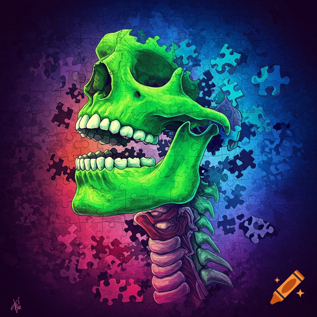 Green skull and throat formed by puzzle pieces against a colorful background