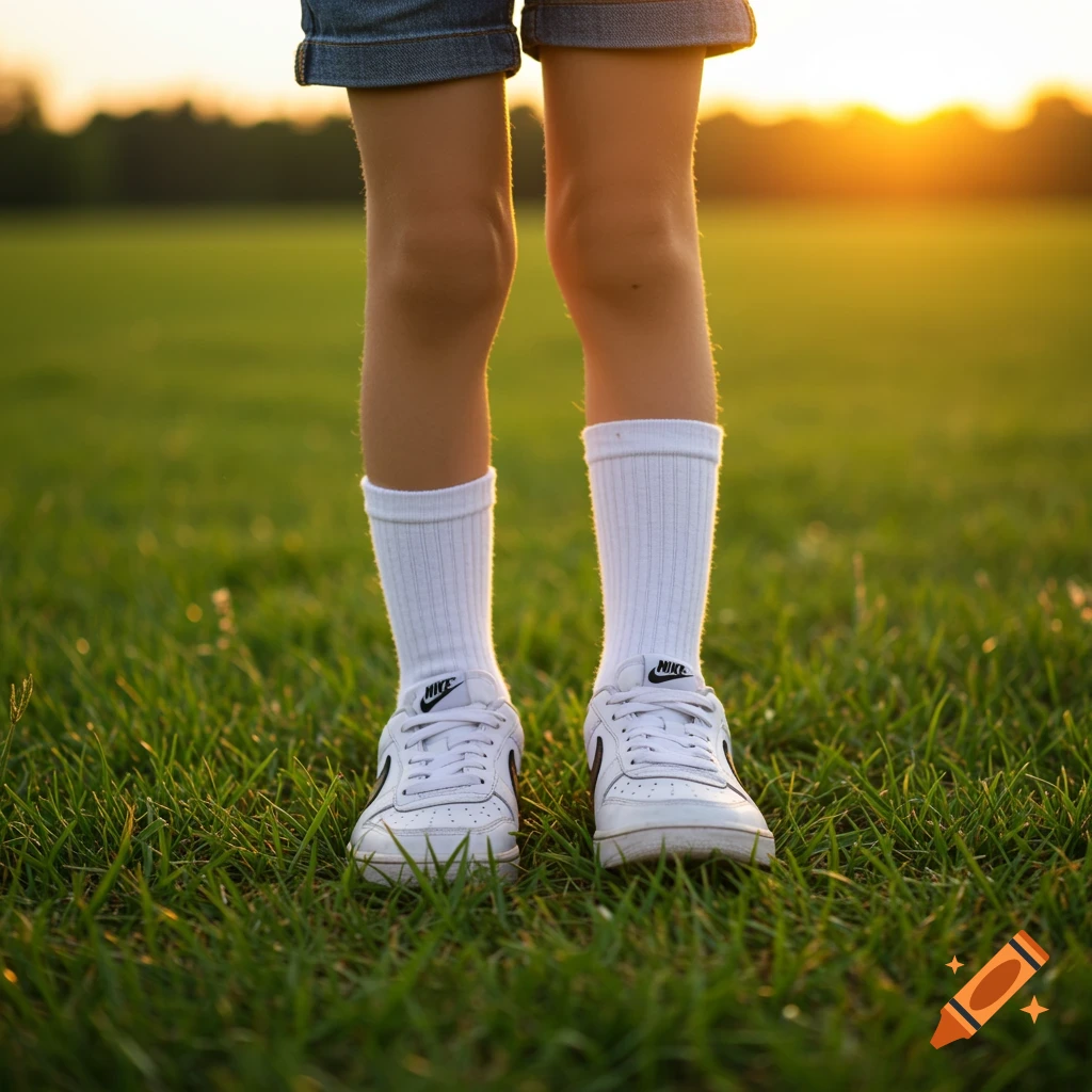 Legs wearing white socks and Nike shoes standing in tall grass at sunset.
