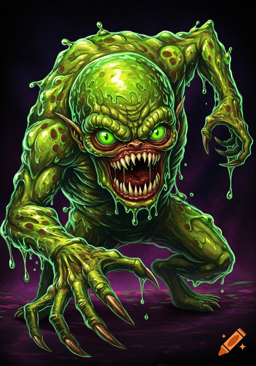 A slimy green monster with sharp teeth and claws crouches menacingly.
