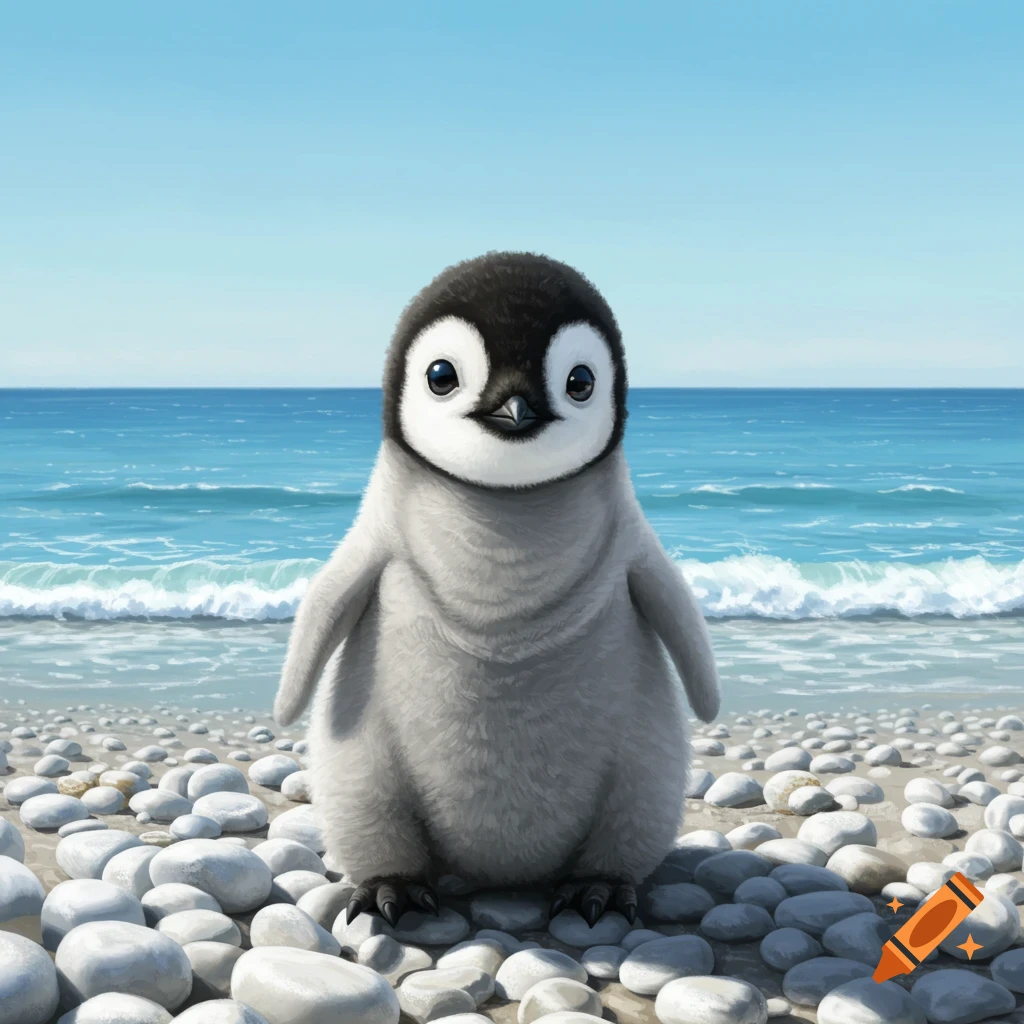 A fluffy baby penguin stands on a pebble beach with the ocean and sky behind it.