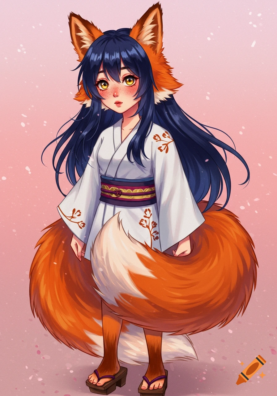 An anime-style illustration of a fox girl in a white kimono.