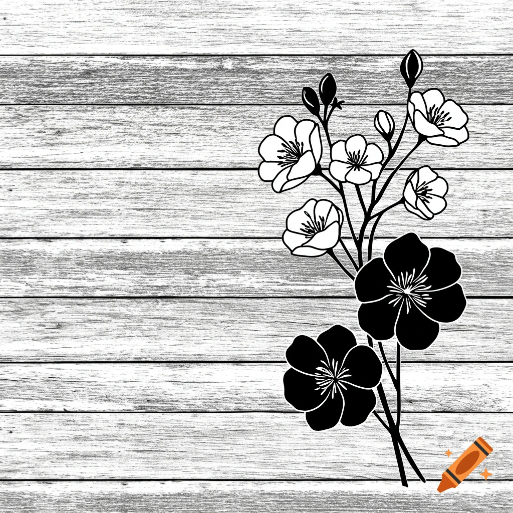Black and white illustration of flowers on a wooden plank background.