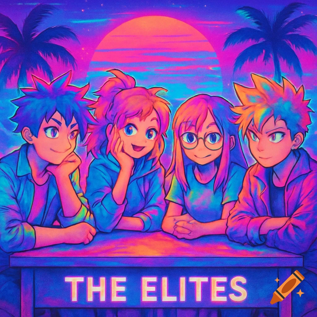 Four anime friends sit at a table labeled 'THE ELITES' under palm trees against a colorful vaporwave sunset.
